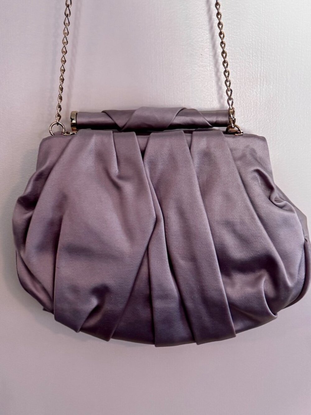Stuart Weitzman Vintage Pleated Satin Evening Clutch w/Gold Chain, Gray/Silver